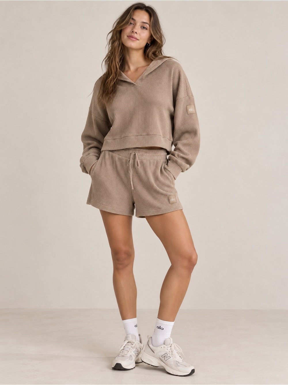 ALO Yoga Corded Drawstring Shorts — Taupe And Matching pullover